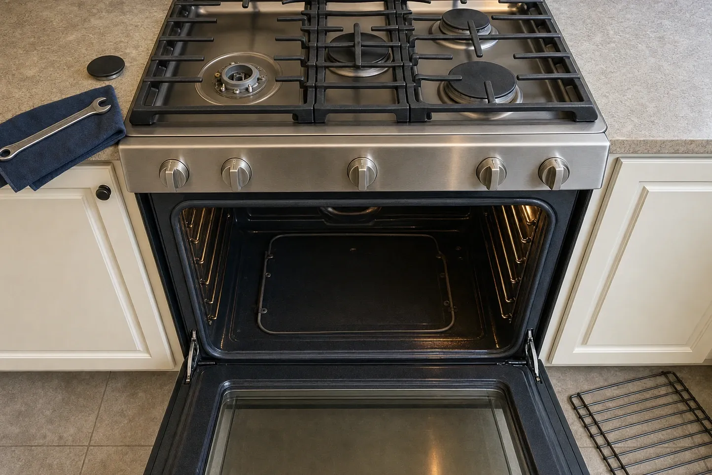 Looking down into an open oven with the interior light on, the bottom panel and both door hinges visible, a burner head exposed on the cooktop above
