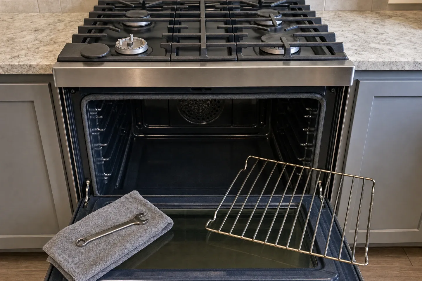 Gas range straight on between grey cabinets under a marble counter, one burner uncapped, the door lowered with a grey towel and a combination wrench on it and a rack leaning against it