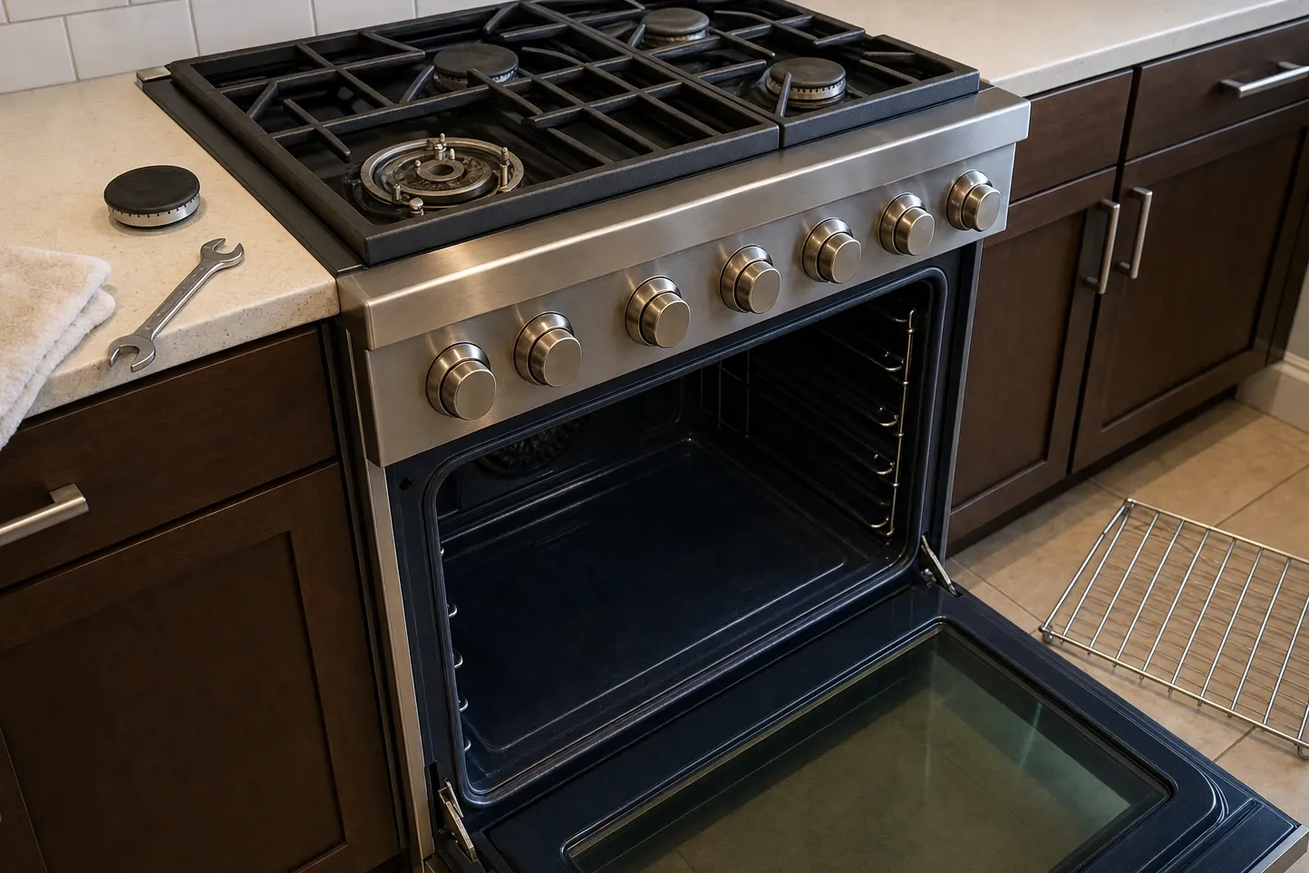 Professional range with seven round knobs seen from above against subway tile, one burner uncapped to its orifice and electrodes and the cap set out on the counter with a towel